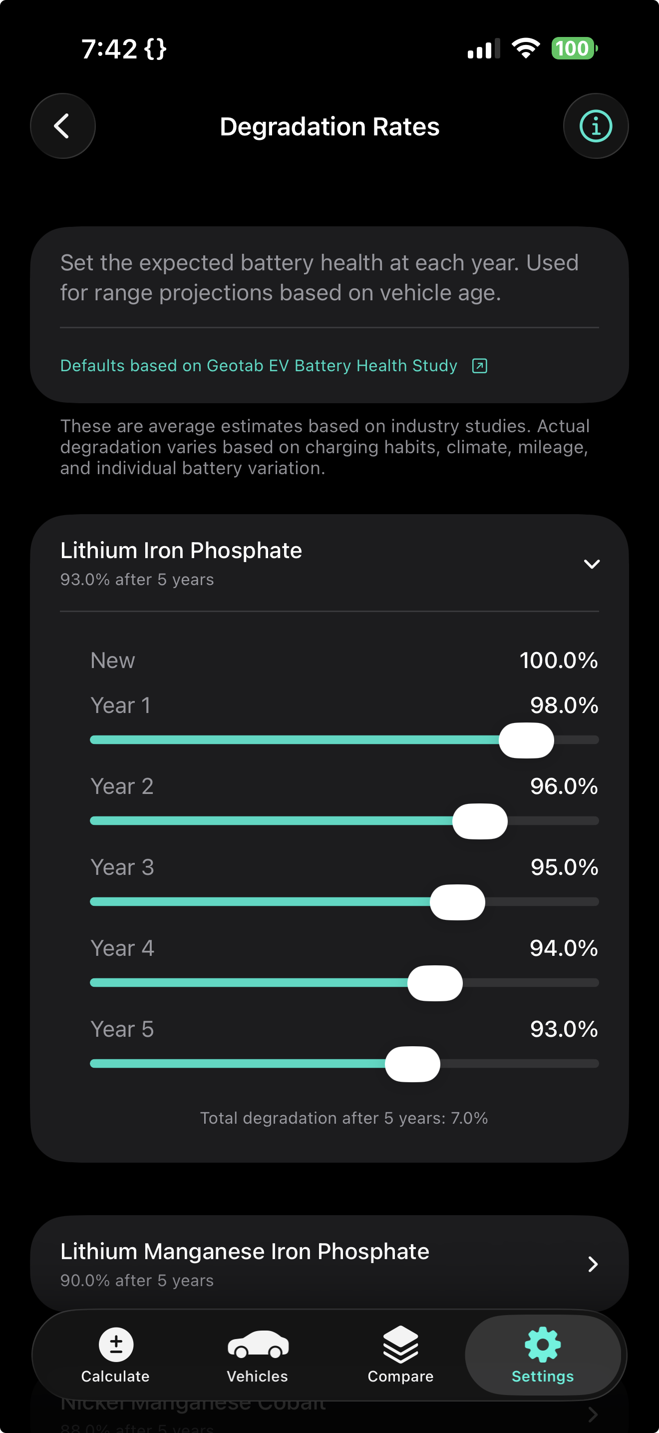 Battery degradation settings for LFP chemistry