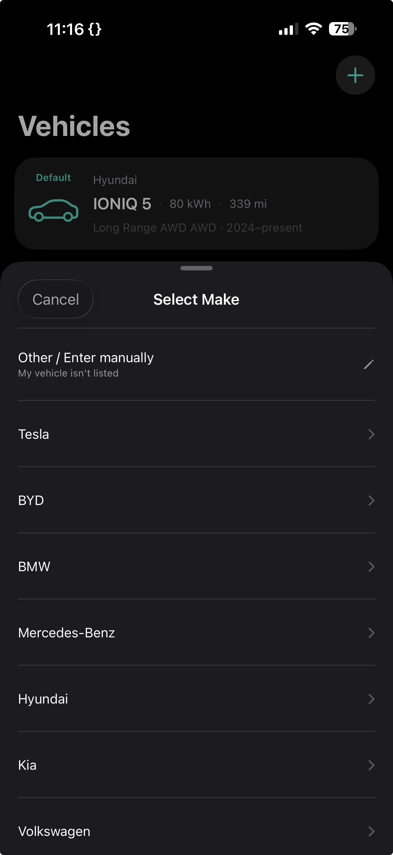 WattKit vehicle database showing 600+ electric vehicles to choose from