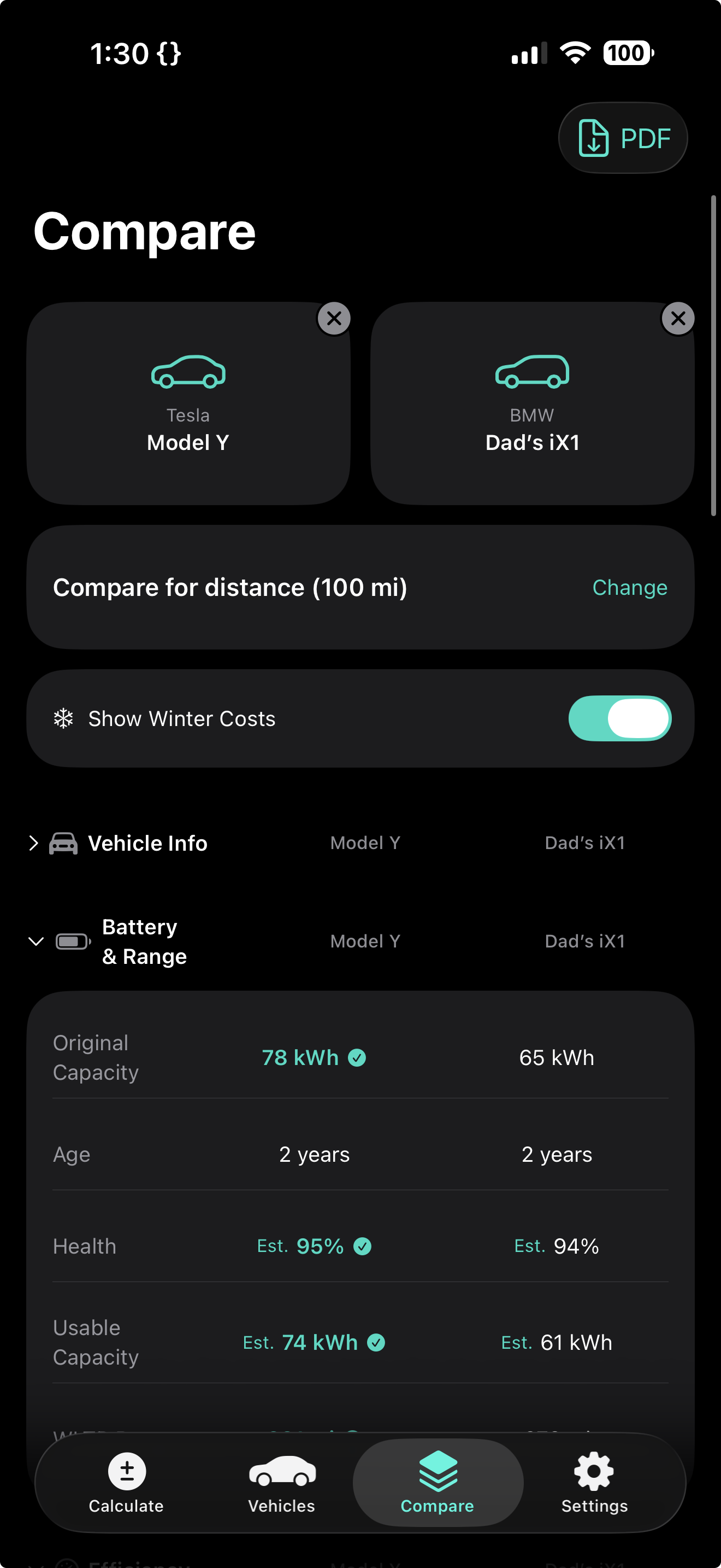 WattKit vehicle comparison showing Battery & Range details with winner indicators