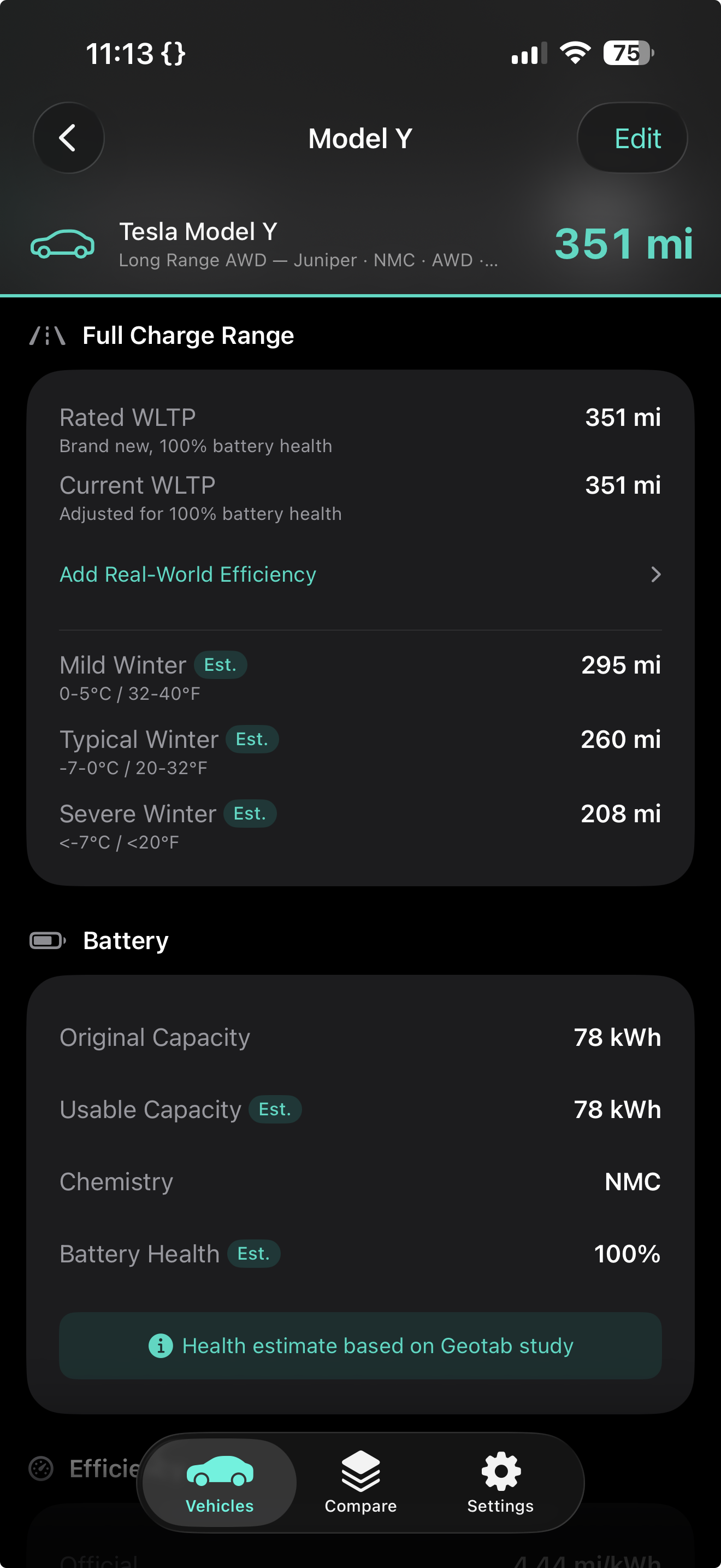WattKit showing Tesla Model Y full charge range with winter estimates