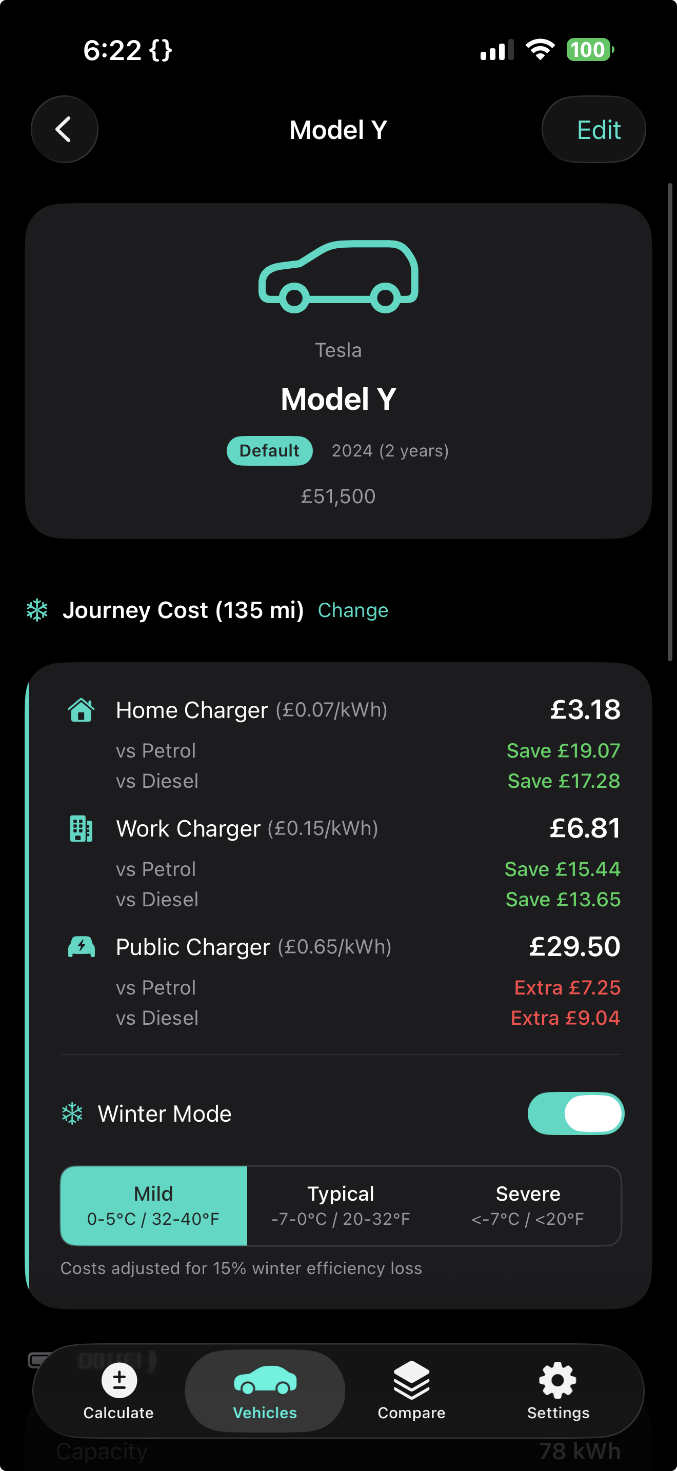WattKit showing Tesla Model Y with journey costs for Home, Work and Public charging