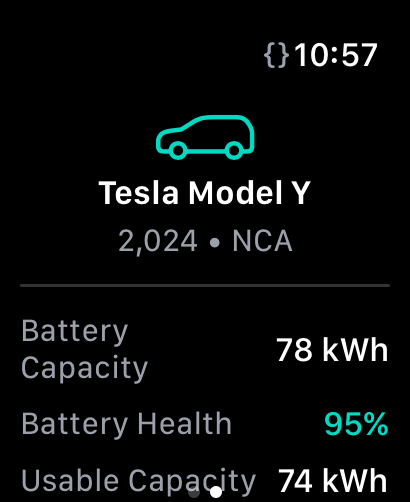 WattKit Apple Watch showing Tesla Model Y battery health